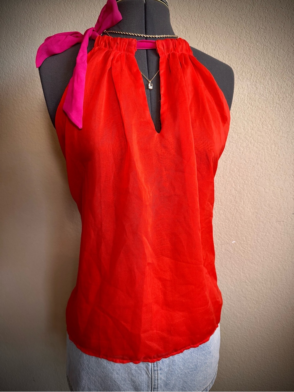 Vintage Y2K Annabella Orange Pink Blouse Tank Top Bow Tie S